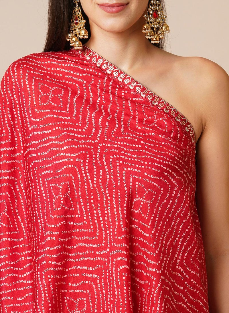 Globus Women Red Bandhani Printed One Shoulder Tunic & Georgette Skirt Festive Set - Image 5